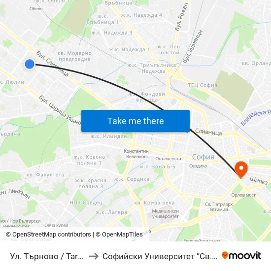 Ул. Търново / Tarnovo St. (2220) to Софийски Университет “Св. Климент Охридски"" map