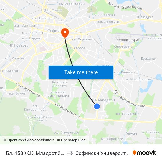 Бл. 458 Ж.К. Младост 2 / Bl. 458, Mladost 2 Qr. (2754) to Софийски Университет “Св. Климент Охридски"" map