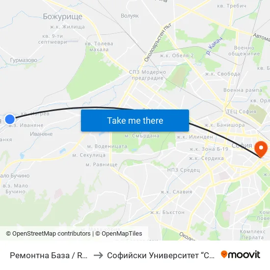 Ремонтна База / Repair Base (6246) to Софийски Университет “Св. Климент Охридски"" map