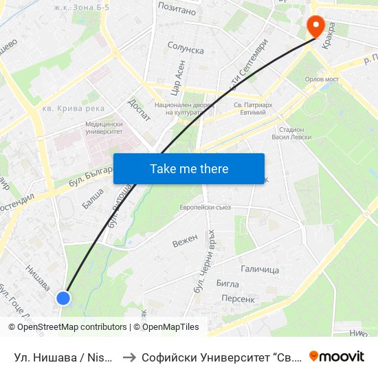 Ул. Нишава / Nishava St. (2062) to Софийски Университет “Св. Климент Охридски"" map