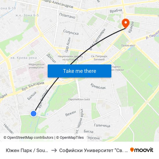 Южен Парк / South Park (2379) to Софийски Университет “Св. Климент Охридски"" map
