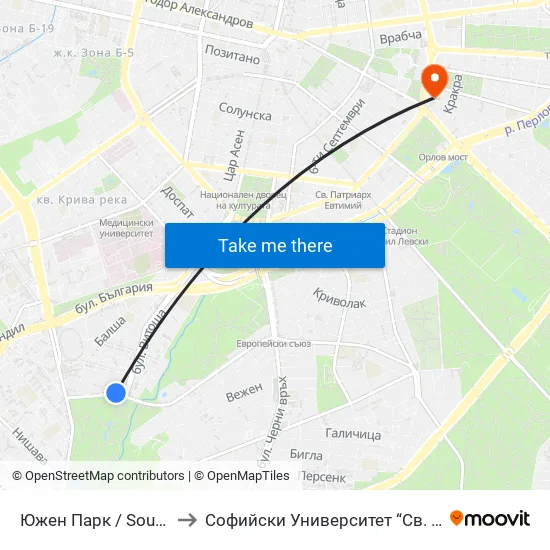 Южен Парк / South Park (2379) to Софийски Университет “Св. Климент Охридски"" map