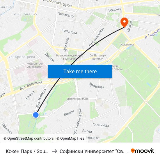 Южен Парк / South Park (2380) to Софийски Университет “Св. Климент Охридски"" map