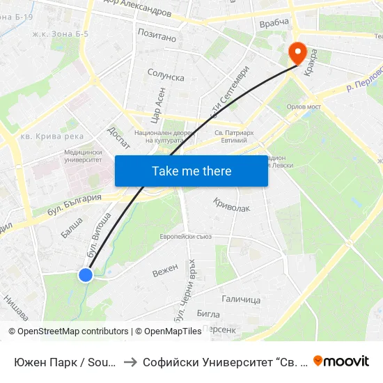 Южен Парк / South Park (2380) to Софийски Университет “Св. Климент Охридски"" map