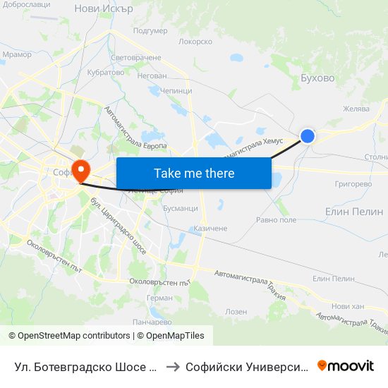 Ул. Ботевградско Шосе / Botevgradsko Shosse St. (2817) to Софийски Университет “Св. Климент Охридски"" map