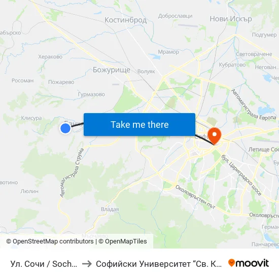 Ул. Сочи / Sochi St. (2786) to Софийски Университет “Св. Климент Охридски"" map