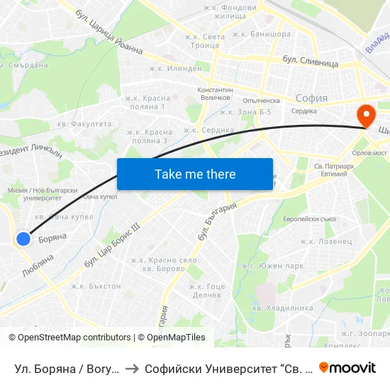 Ул. Боряна / Boryana St. (1845) to Софийски Университет “Св. Климент Охридски"" map