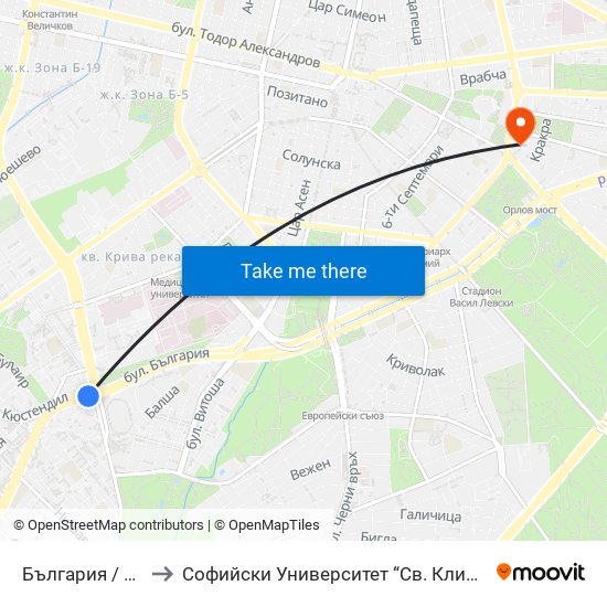 България / Bulgaria to Софийски Университет “Св. Климент Охридски"" map