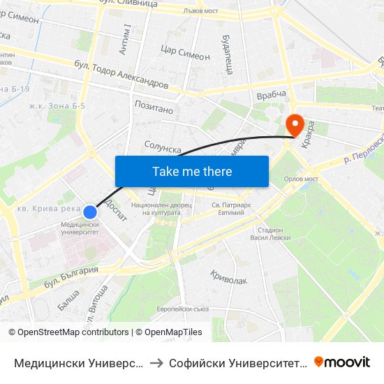 Медицински Университет / Medical University to Софийски Университет “Св. Климент Охридски"" map