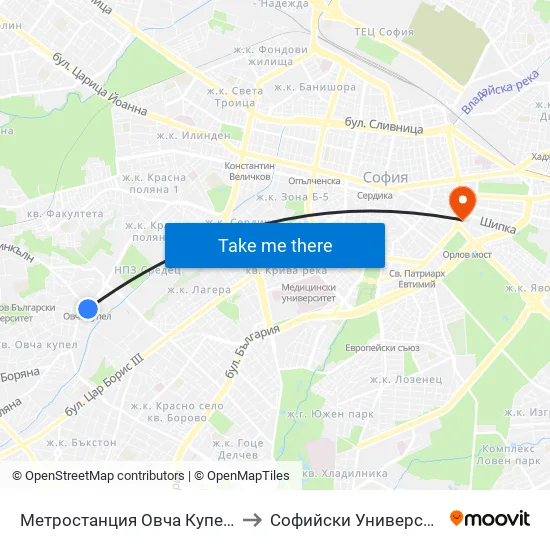 Ⓜ️ Метростанция Овча Купел / Ovcha Kupel Metro Station (6037) to Софийски Университет “Св. Климент Охридски"" map