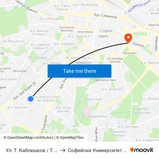 Ул. Т. Каблешков / T. Kableshkov St. (2210) to Софийски Университет “Св. Климент Охридски"" map
