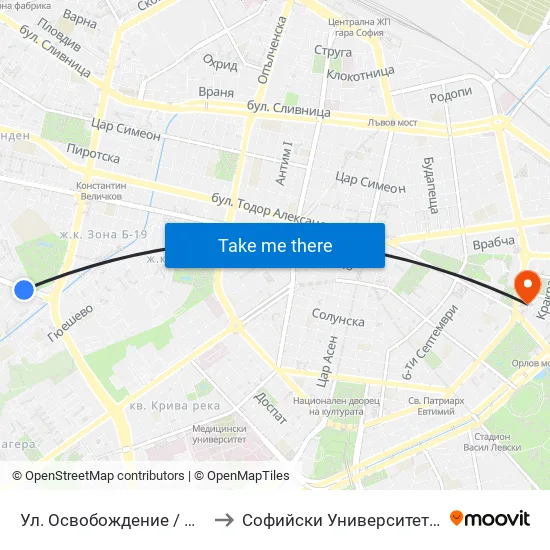 Ул. Освобождение / Osvobozhdenie St. (2098) to Софийски Университет “Св. Климент Охридски"" map