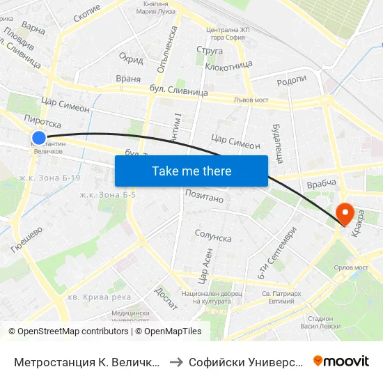 Ⓜ️ Метростанция К. Величков / K. Velichkov Metro Station (1050) to Софийски Университет “Св. Климент Охридски"" map