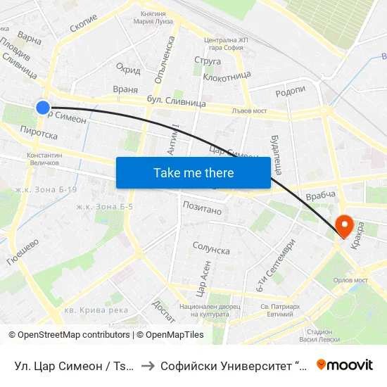 Ул. Цар Симеон / Tsar Simeon St. (2250) to Софийски Университет “Св. Климент Охридски"" map