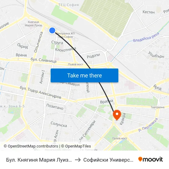 Бул. Княгиня Мария Луиза / Knyaginya Maria Luiza Blvd. (2830) to Софийски Университет “Св. Климент Охридски"" map