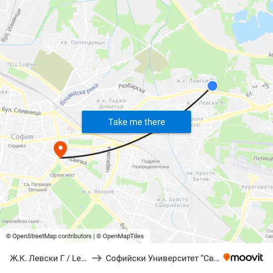 Ж.К. Левски Г / Levski G Qr (6600) to Софийски Университет “Св. Климент Охридски"" map