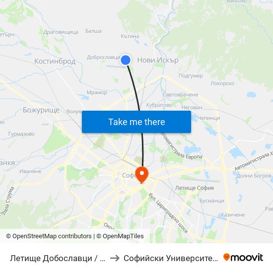 Летище Добославци / Dobroslavtsi Airport (1003) to Софийски Университет “Св. Климент Охридски"" map