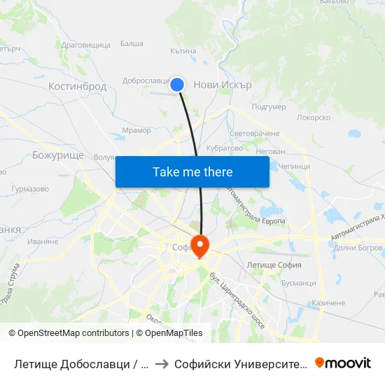👋 Летище Добославци / Dobroslavtsi Airport (1003) to Софийски Университет “Св. Климент Охридски"" map