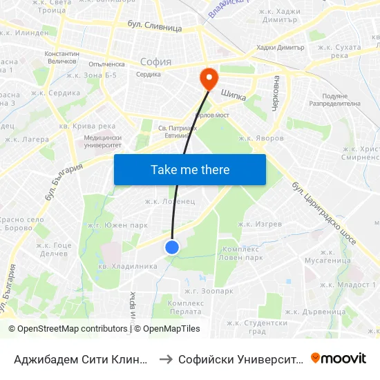 Аджибадем Сити Клиник / Acibadem City Clinic (2778) to Софийски Университет “Св. Климент Охридски"" map