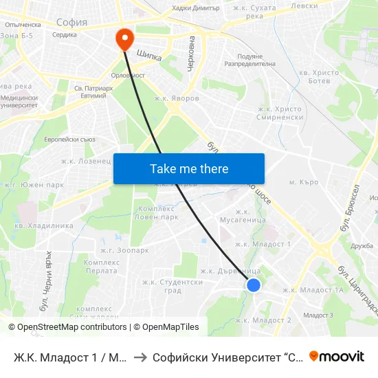 Ж.К. Младост 1 / Mladost 1 Qr. (6616) to Софийски Университет “Св. Климент Охридски"" map