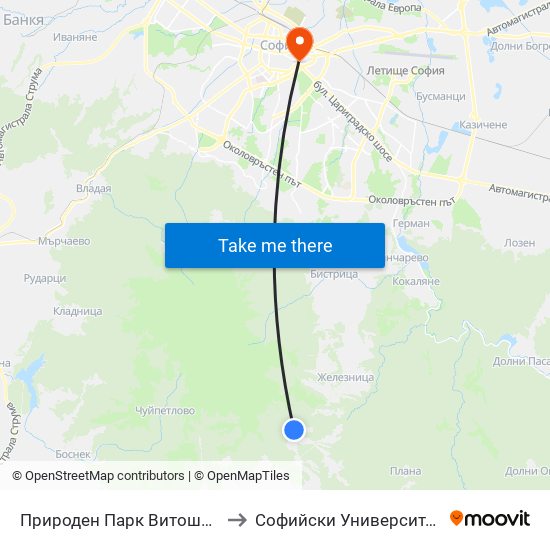 Природен Парк Витоша / Vitosha Nature Park (6619) to Софийски Университет “Св. Климент Охридски"" map