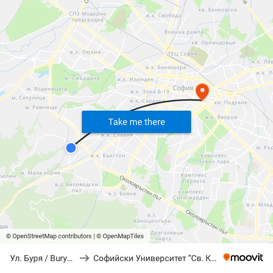 Ул. Буря / Burya St. (6621) to Софийски Университет “Св. Климент Охридски"" map