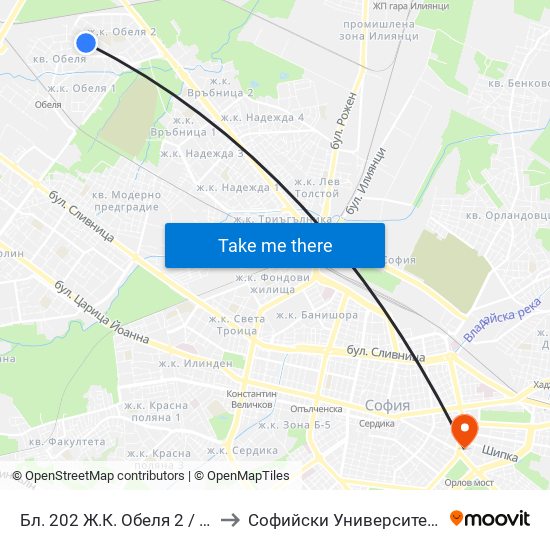 Бл. 202 Ж.К. Обеля 2 / Bl. 202, Obelya 2 Qr. (6647) to Софийски Университет “Св. Климент Охридски"" map