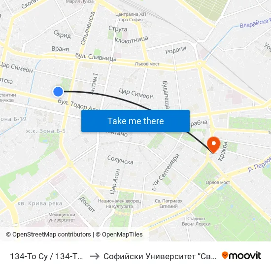 📚 134-То Су / 134-Th School (6668) to Софийски Университет “Св. Климент Охридски"" map