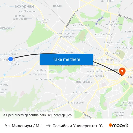 Ул. Милениум / Millenium St. (2841) to Софийски Университет “Св. Климент Охридски"" map