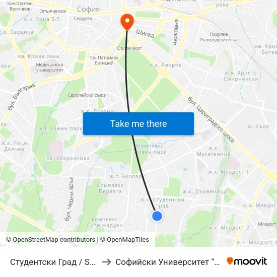 Студентски Град / Students' Town (6719) to Софийски Университет “Св. Климент Охридски"" map