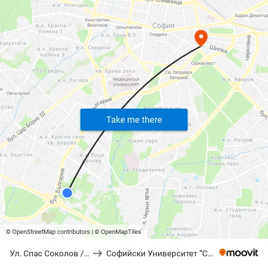 Ул. Спас Соколов / Spas Sokolov St. to Софийски Университет “Св. Климент Охридски"" map