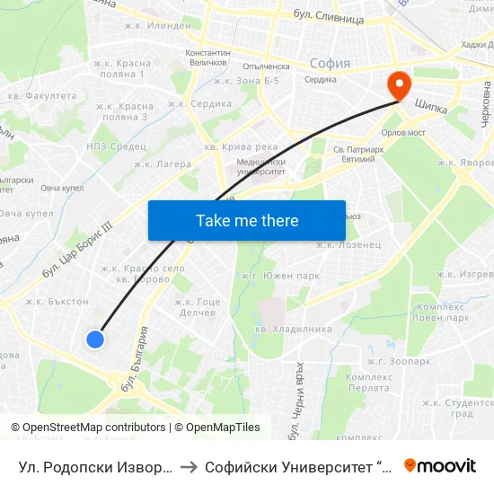 Ул. Родопски Извор / Rodopski Izvor St. to Софийски Университет “Св. Климент Охридски"" map
