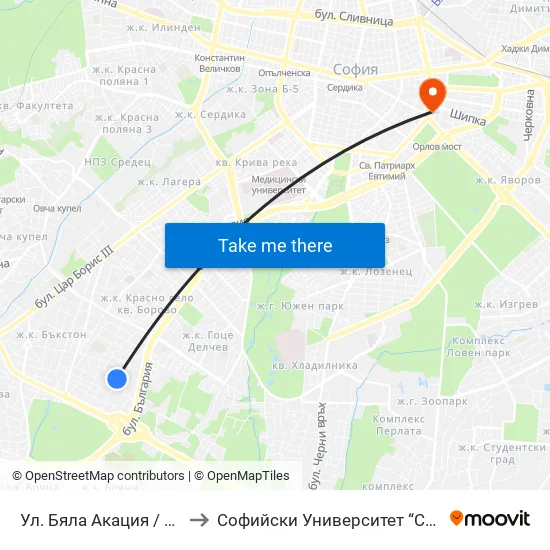 Ул. Бяла Акация / Byala Akatsiya St. to Софийски Университет “Св. Климент Охридски"" map