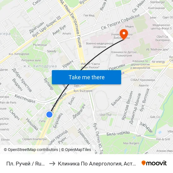 Пл. Ручей / Ruchey Sq. (1306) to Клиника По Алергология, Астма И Клинична Имунология map