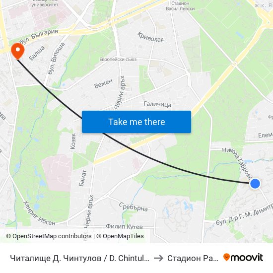 Читалище Д. Чинтулов / D. Chintulov Library (2365) to Стадион Раковски map