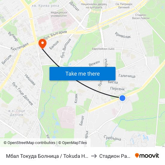 Мбал Токуда Болница / Tokuda Hospital (0206) to Стадион Раковски map