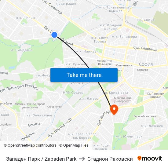 Западен Парк / Zapaden Park to Стадион Раковски map