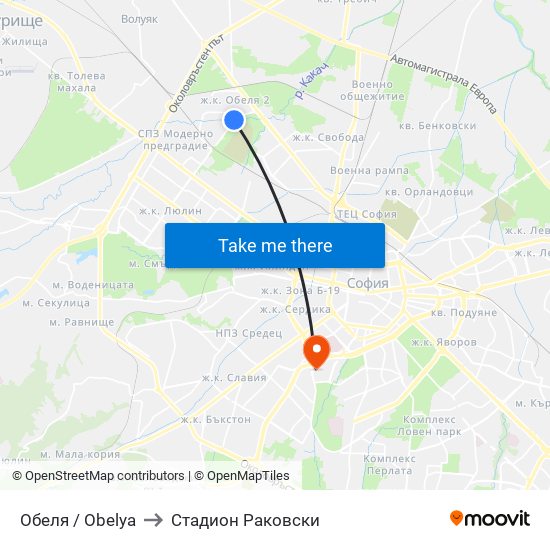 Обеля / Obelya to Стадион Раковски map