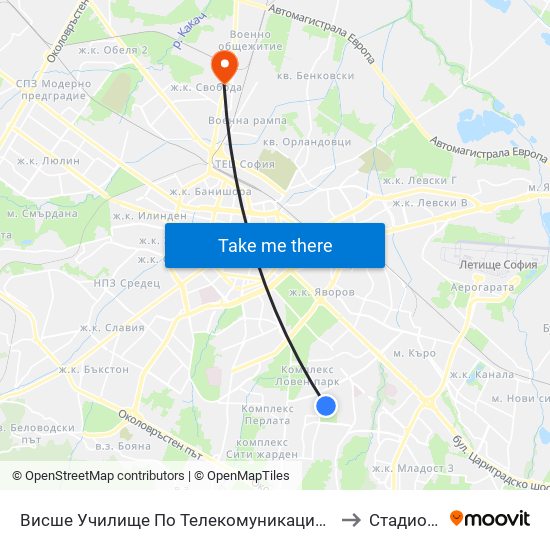 Висше Училище По Телекомуникации / University Of Telecommunications And Post (1397) to Стадион Локомотив map