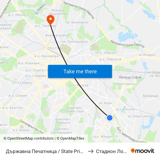 Държавна Печатница / State Printing House (0554) to Стадион Локомотив map