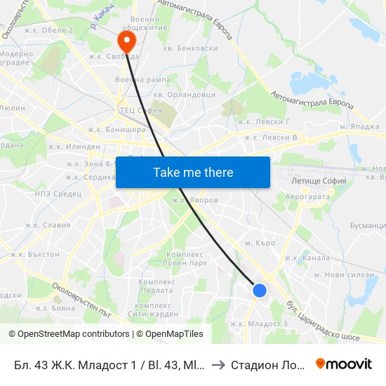 Бл. 43 Ж.К. Младост 1 / Bl. 43, Mladost 1 Qr. (0218) to Стадион Локомотив map
