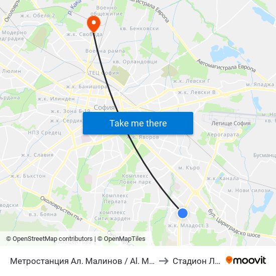 Метростанция Ал. Малинов / Al. Malinov Metro Station (0169) to Стадион Локомотив map