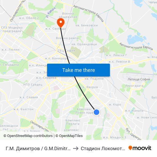Г.М. Димитров / G.M.Dimitrov to Стадион Локомотив map