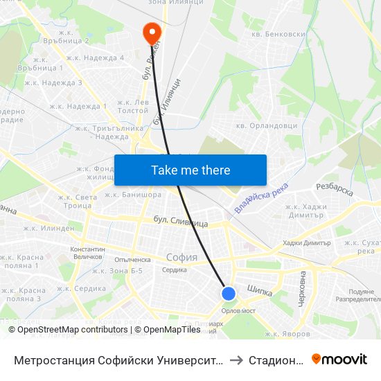 Метростанция Софийски Университет / Sofia University Metro Station (2827) to Стадион Локомотив map