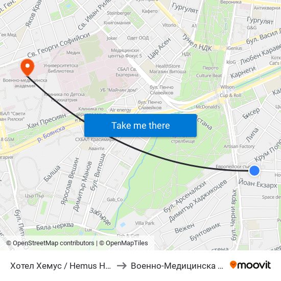 Хотел Хемус / Hemus Hotel (2329) to Военно-Медицинска Академия map