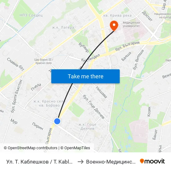 Ул. Т. Каблешков / T. Kableshkov St. (2213) to Военно-Медицинска Академия map