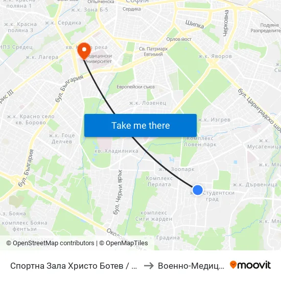 Спортна Зала Христо Ботев / Hristo Botev Sports Hall (1611) to Военно-Медицинска Академия map
