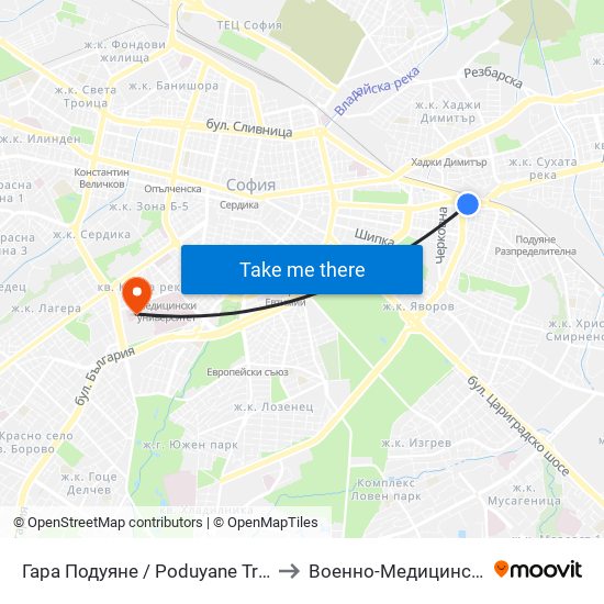 Гара Подуяне / Poduyane Train Station (0466) to Военно-Медицинска Академия map