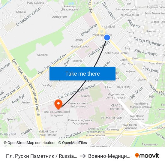 Пл. Руски Паметник / Russian Monument Sq. (1296) to Военно-Медицинска Академия map