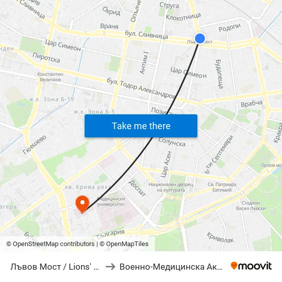 Лъвов Мост / Lions' Bridge to Военно-Медицинска Академия map